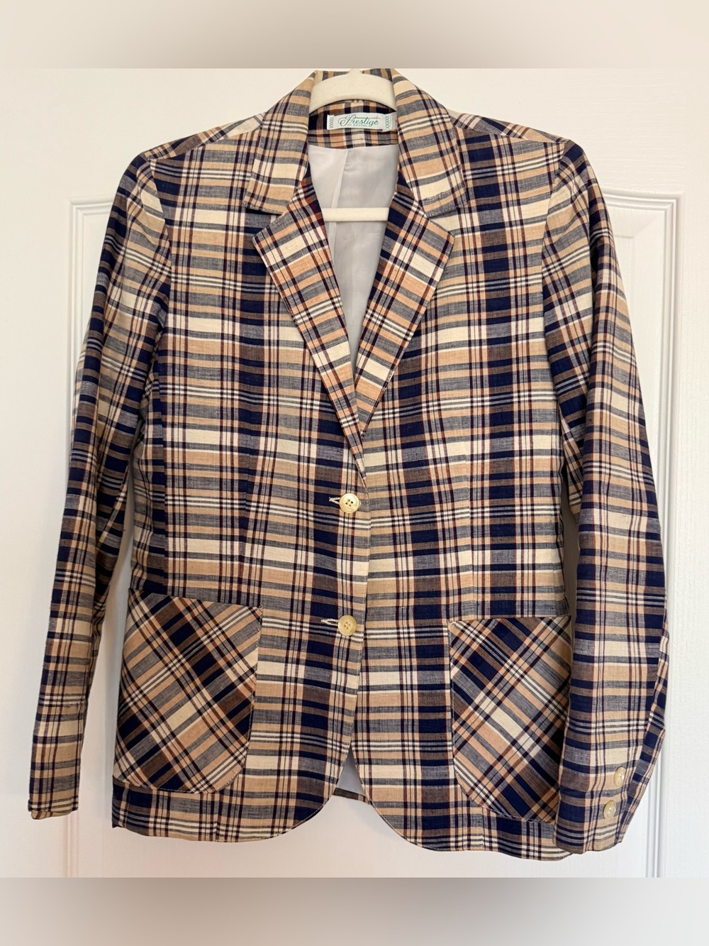 Vintage Prestige of Boston Plaid Blazer Jacket Navy Tan Preppy Academia